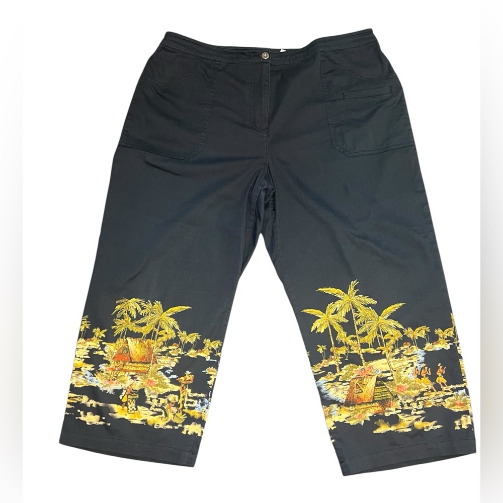 CHICOS Hawaiian Polynesian Print Crop Navy Pants Size L Chicos size 2 Wide leg